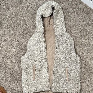 CoffeeShop Sherpa Cream and Tan Hooded Vest